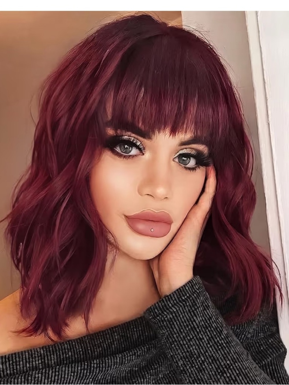 C1- Wine Red Burgundy Wavy Bob Wig with Bangs - Women Hair